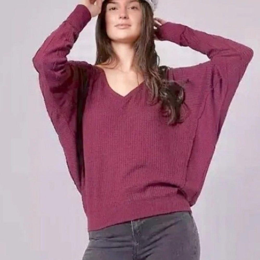 Free People Oversized V-Neck Pullover Sweater in Berry
